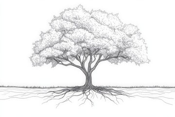 Wall Mural - Tree with intricate roots and detailed foliage displayed against a plain background in black and white line art