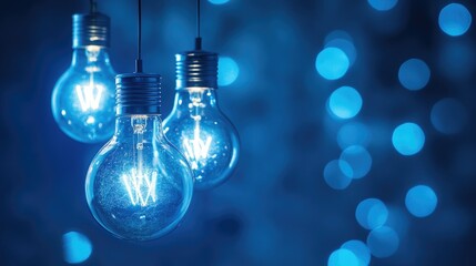 Poster - Blue background with glowing light bulbs and bokeh effect Copy Space