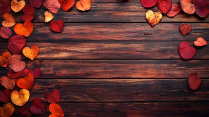 Poster - Fallen heart-shaped leaves on wooden background with autumn colors and copy space for text or design elements
