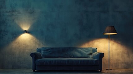 Aufkleber - Minimalist Living Room Interior featuring Blue Sofa and Ambient Lighting for Vintage Style Mockup and Design Project Background