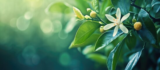 Canvas Print - Bergamot Citrus Bergamia Blossoming Flower on Tree with Green Foliage and Natural Bokeh Background for Text Space