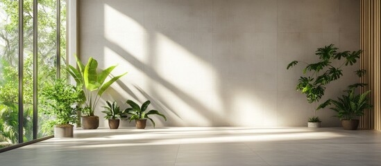 Poster - Bright and Airy Modern Office Space Filled with Natural Light and Greenery Ideal for Text Placement and Creative Design Elements