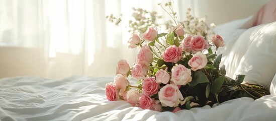 Aufkleber - Serene Bedroom Decor Featuring Fresh Pink Roses and Natural Light with Blank Space for Text or Branding