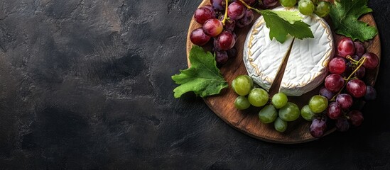 Aufkleber - Brie cheese on wooden platter surrounded by fresh grapes with empty space for text on dark background for culinary or catering concepts