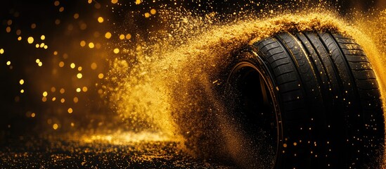 Aufkleber - Black tire creating a golden powder explosion on a dark background with ample space for text or branding elements