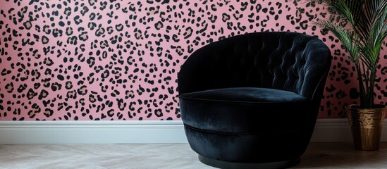 Aufkleber - Elegant black velvet chair in front of a pastel pink leopard print wall showcasing empty space for text or branding opportunities.