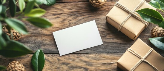 Poster - Blank Card Mockup on Wooden Table Surrounded by Gifts and Greenery Ideal for Custom Advertisement Messages and Text Placement