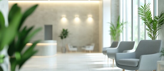 Aufkleber - Modern living room interior with spacious waiting area featuring greenery and ample copyspace for text and branding opportunities