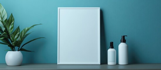 Aufkleber - Blank Canvas Frame Mockup Featuring Body Care Product Bottles and Green Plant on Minimalist Shelf with Copyspace for Custom Text