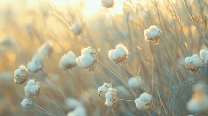 Poster - Cotton plants with soft white bolls in a golden sunset light with blurred background and Copy Space for text placement.
