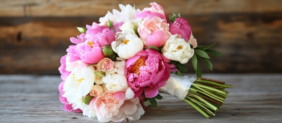 Aufkleber - Bridal bouquet with peonies on rustic wood backdrop showcasing vibrant colors and ample text space for design applications
