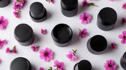 Poster - Assortment of minimalist empty black cosmetic containers arranged with vibrant pink flowers on a light background