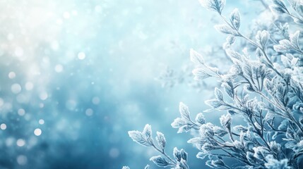 Poster - Frost-covered branches with soft blurred background and bokeh lights in winter atmosphere Copy Space