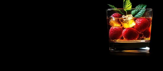 Poster - Black whiskey cocktail garnished with raspberries and mint on dark background with empty space for text and branding elements.