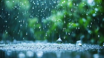Poster - close up of a falling raindrop over a wet surface with soft focus background and ample copy space fo