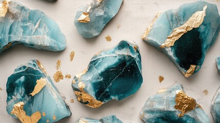 Poster - Teal mineral rocks with gold leaf accents arranged artistically on a neutral background for decorative and artistic purposes