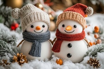 Two cheerful snowmen wearing colorful hats and scarves stand together in a wintery landscape filled with snow and festive decorations