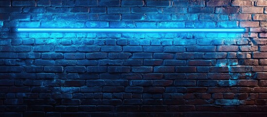 Poster - Brick Wall with Neon Blue Light Accent Empty Space for Text Background Design