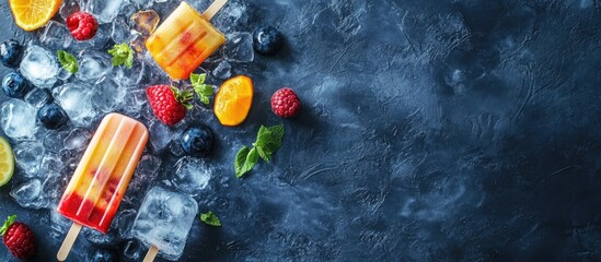 Colorful fruit popsicles on ice with fresh berries and citrus fruits on a dark background ideal for summer refreshment concepts