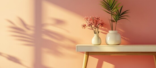 Poster - modern interior with a light table, vases of flowers, and shadow patterns on a pastel pink wall, fea