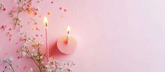 Poster - Pink background with candles and flowers for celebration or decoration, Copy Space available for text or designs.