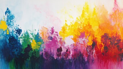 Poster - Colorful abstract painting with vibrant splashes of paint in shades of yellow, orange, pink, blue and green, suitable for copy space.