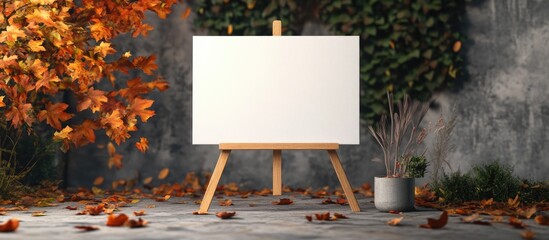 Aufkleber - Autumn Art Gallery Setup with Blank Canvas and Seasonal Leaves Creating Ideal Copyspace for Text and Artistic Presentation