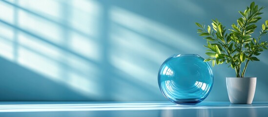 Poster - Decorative glass vase with vibrant colors and a potted plant on a minimalist table with soft shadows and space for text or design elements
