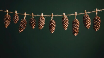 Poster - Hanging pine cones in a row on a twine line against a dark green background with Copy Space for text placement