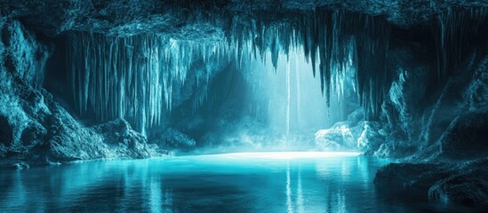 Poster - Majestic underground cave with illuminated turquoise water and stalactites reflecting light on tranquil surface Copy Space