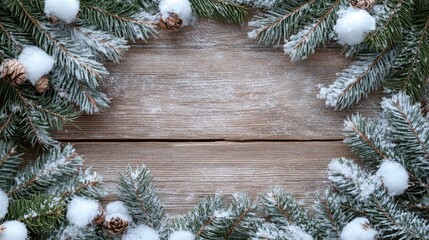 Poster - Snowy pine branches with pine cones arranged in a frame on rustic wooden background with copy space for text