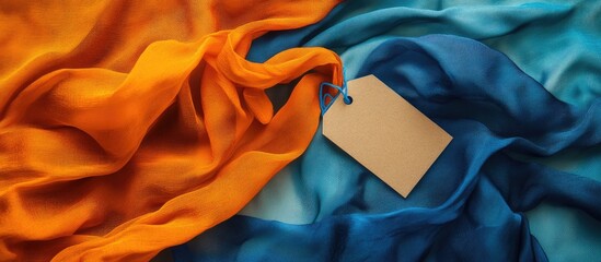 Poster - Vibrant blue and orange fabric elegantly draped with a blank tag for customizable text or branding display in a stylish setting