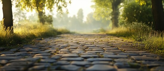 Aufkleber - Rural brick pathway surrounded by lush greenery and soft morning light with ample space for text and creative designs