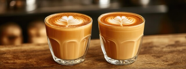 Poster - Freshly brewed double espresso shots with latte art on a rustic wooden surface and blurred coffee equipment in the background, perfect for ads.