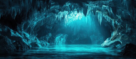 Poster - Cave interior with turquoise water and ice formations illuminated by soft light Copy Space