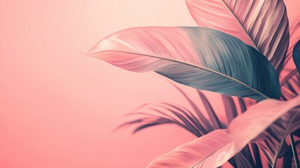 Poster - Minimalist Pink Toned Background with Velvet Coral Palette and Green Leaves Ideal for Text Placement and Design Projects