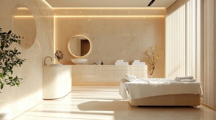 Poster - Tranquil and Modern Beauty Spa Interior with Minimalist Design and Natural Light Ideal for Wellness and Relaxation Branding