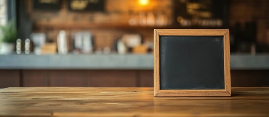 Poster - Chalkboard on a wooden table in a cozy cafe setting with ample copyspace available for personalized text or menu display