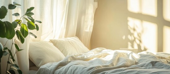 Aufkleber - Bright and airy bedroom interior design with soft colors and natural light creating a serene atmosphere and ample space for text integration.