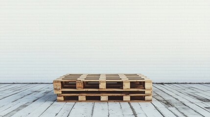 Poster - Wooden Pallet on Wooden Floor Against Minimalist White Wall with Copy Space