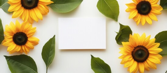 Poster - blank card mockup surrounded by vibrant sunflowers and green leaves on a white background ideal for 