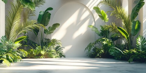 Poster - Tropical plants in sunny desert setting with bright volumetric light creating a blank advertising banner and copyspace for text.
