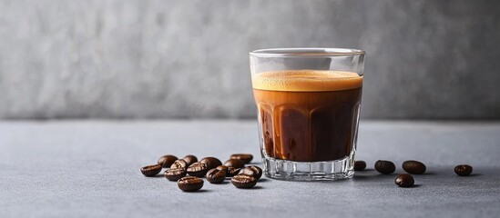 Aufkleber - Espresso coffee in glass cup with steam and coffee beans on gray surface providing empty space for text or branding purposes