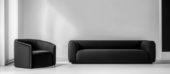 Poster - minimalist living room with black sofa and armchair on white parquet floor empty wall background for