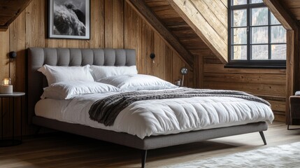 Poster - Modern cozy bedroom interior with wooden walls, large bed, and minimalist decor featuring copy space for text.