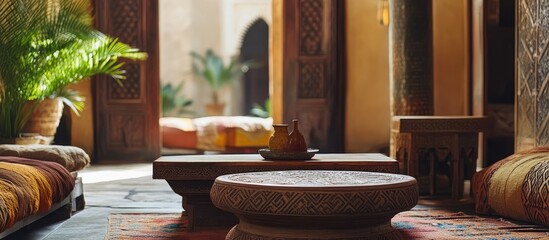 Aufkleber - Bright Moroccan Living Room with Wooden Coffee Tables and Lush Greenery Featuring Open Space for Text or Branding Elements