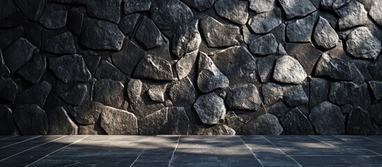 Poster - black stone wall texture with dramatic lighting and shadow creating an empty space for text in a sta