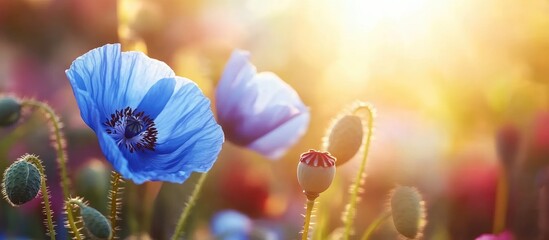 Poster - Bright blue poppy flowers Papaver nudicaule in morning light with soft bokeh and space for text in vibrant garden setting at dawn