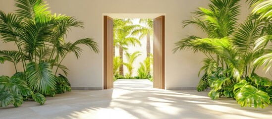 Aufkleber - Elegant entrance featuring lush palm trees and abundant natural light ideal for promotional content or tranquil settings.