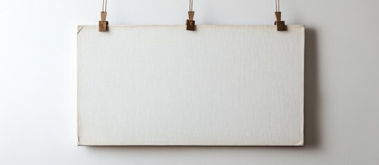 Poster - Blank canvas framed with wooden clips on a white wall providing ample copyspace for personalized text or creative art displays.